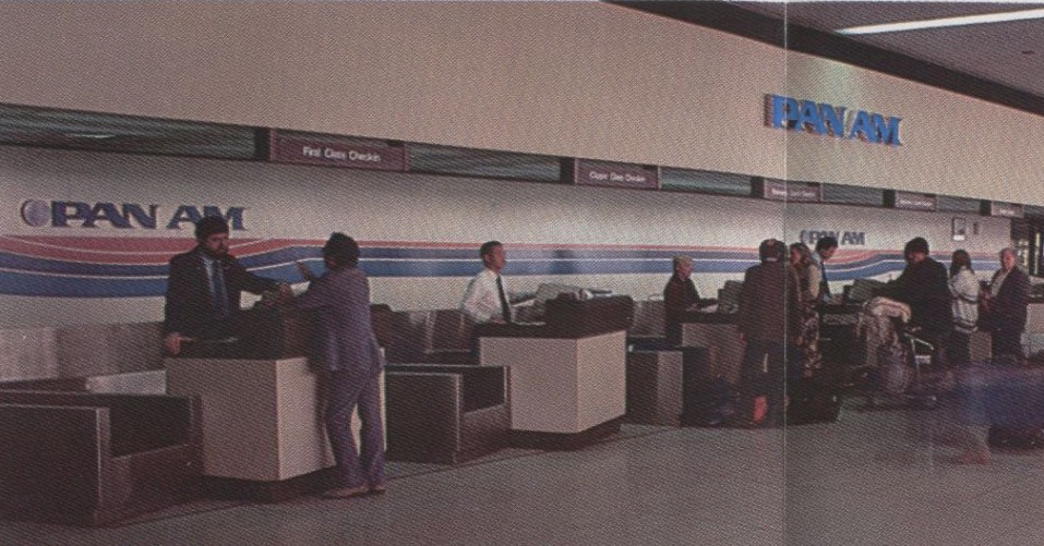 1983, January, A long shot of Pan Am's ticket counter at Los Angeles Airport.